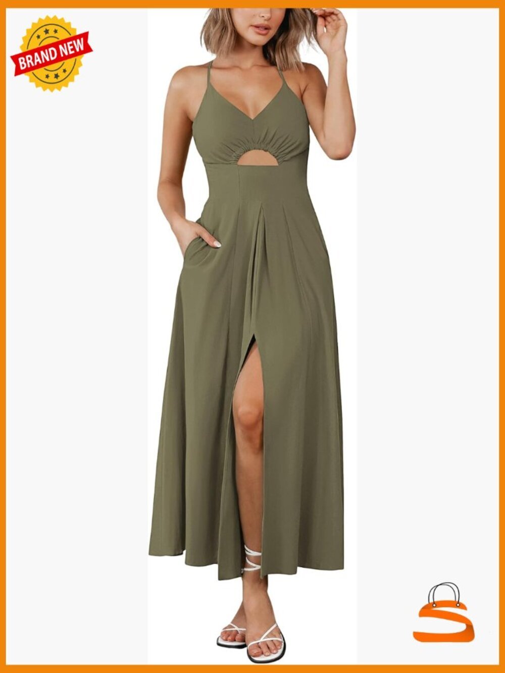 Spaghetti Strap Midi Summer Dress Sleeveless V Neck Cutout Slit Maxi Dress